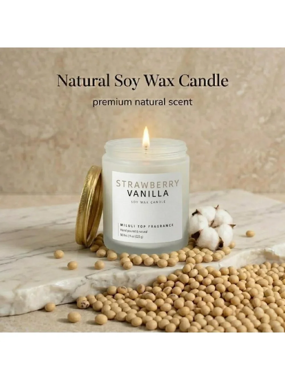 Strawberry Vanilla Aromatherapy Candle - 9oz Natural Soy Wax, 50H Clean Burn
